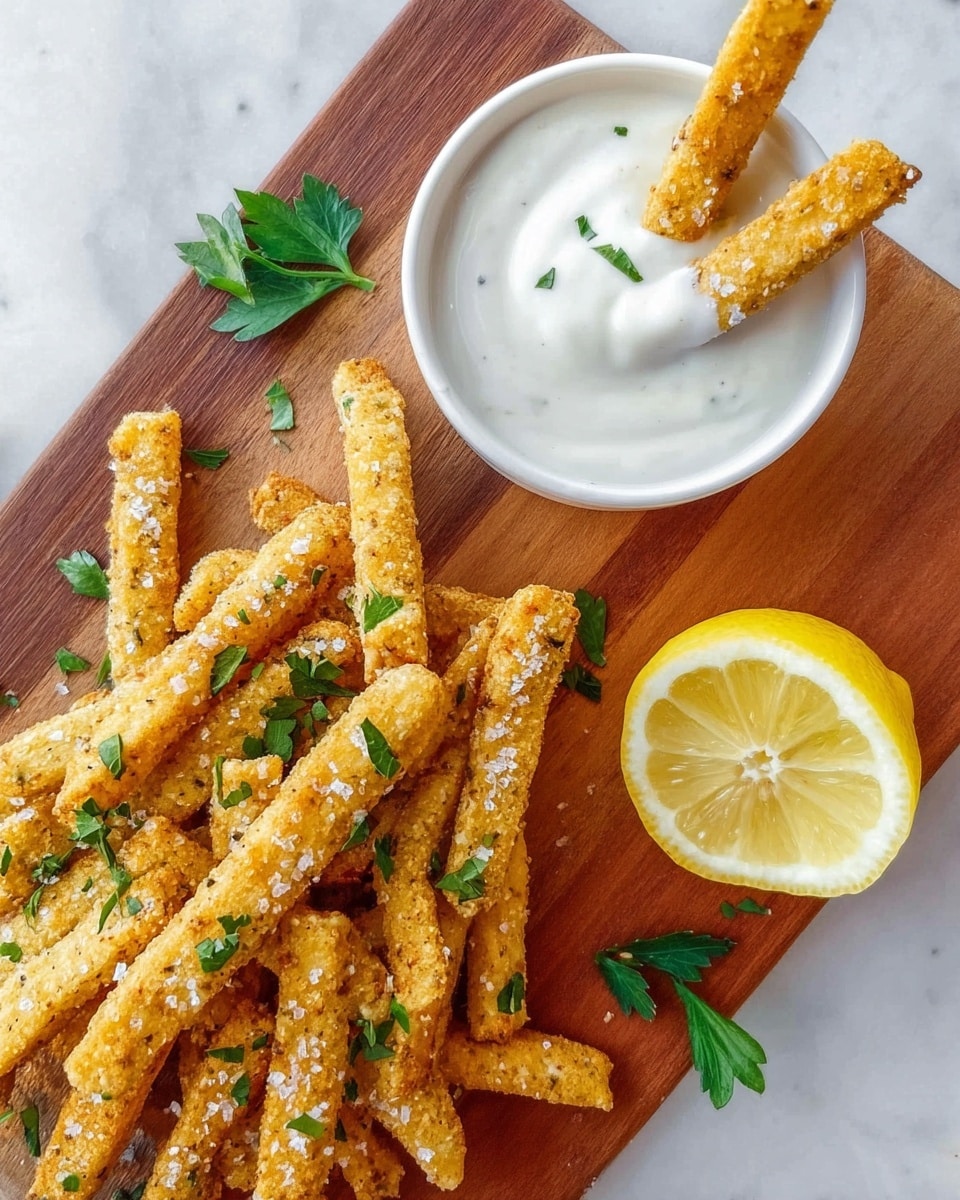 A wooden board holds a pile of golden crunchy stick snacks, sprinkled with small white crystals and garnished with bright green parsley leaves. To the upper right side of the board, a white round bowl filled with thick white creamy dip has two of the sticks dipped in it. Next to the bowl, a fresh yellow lemon wedge with visible juicy segments is placed. The surface below is a white marbled texture. Photo taken with an iphone --ar 4:5 --v 7