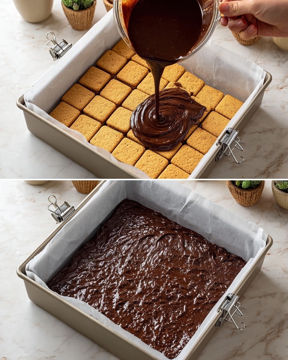 The image shows two side-by-side views of a square pan lined with white parchment paper held by binder clips on each corner. Inside the pan, there is a bottom layer made of a grid of square golden brown graham crackers evenly arranged. In the left photo, a woman's hand is pouring a thick, dark brown chocolate batter over the graham cracker layer, covering half of it. The right photo shows the pan with the chocolate batter spread evenly, with a shiny and slightly textured surface, fully covering the graham crackers. The pan is placed on a white marbled surface, and there are some plants and mugs blurred in the background. Photo taken with an iphone --ar 4:5 --v 7