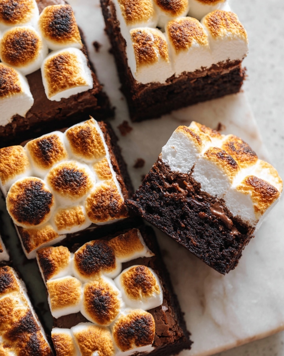 The image shows six square pieces of a dessert with two layers arranged on a white marbled surface. The bottom layer is a dark brown, rich, moist chocolate cake with a textured crumb. The top layer features four toasted marshmallows per piece, each marshmallow having a golden brown, slightly crispy surface with darker toasted spots. One piece is held up, showing a clear side view of the deep chocolate cake layer under the puffed, white marshmallow topping that is evenly browned on top. The photo is taken with an iphone --ar 4:5 --v 7