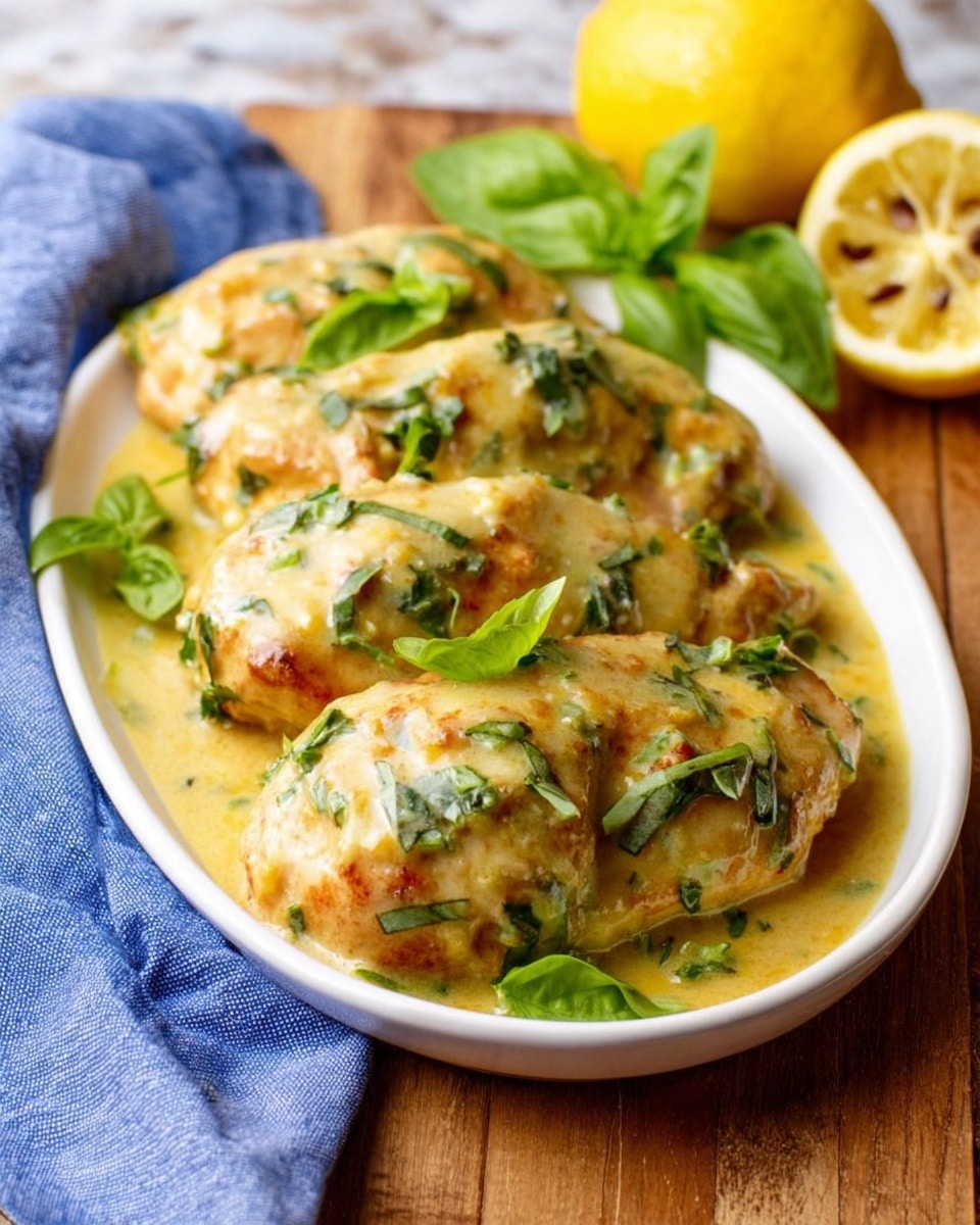 A white oval plate holds four pieces of cooked chicken, each covered in thick light yellow sauce with green herb flakes mixed in. Fresh bright green basil leaves are scattered on top of the chicken pieces. The plate rests on a wooden surface next to a blue cloth napkin. In the background, there is a whole lemon and a half lemon with seeds visible. The background surface is changed to a white marbled texture. photo taken with an iphone --ar 4:5 --v 7