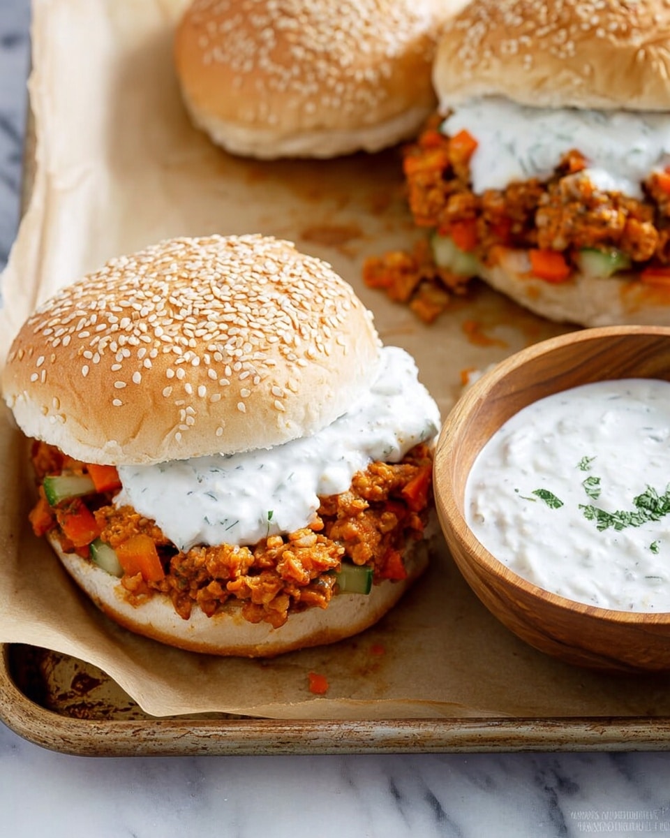 A close-up view of a sandwich with a sesame seed bun on top, slightly tilted showing a thick layer of orange and brown cooked minced filling mixed with small pieces of green and orange vegetables. On top of this filling is a generous dollop of white creamy sauce with green herbs, slightly spilling out. Next to the sandwich is a white bowl filled with the same white sauce with green herbs. The surface beneath is a white marbled texture. Photo taken with an iphone --ar 4:5 --v 7