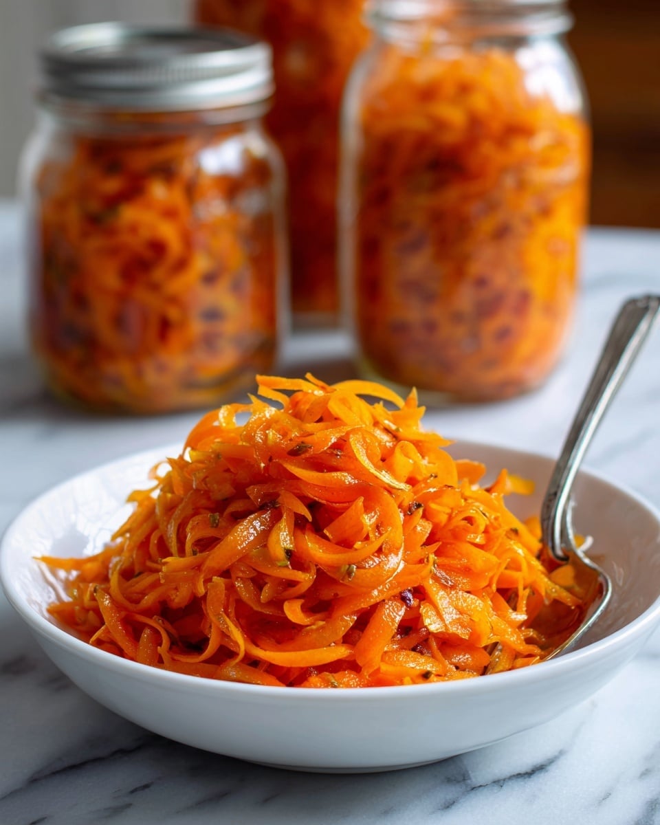 A close-up view of a white bowl filled with thin, bright orange carrot ribbons that look soft and slightly shiny, showing their curled and layered texture. Behind the bowl, there are two blurred glass jars filled with the same carrot ribbons, suggesting they are pickled or preserved. A metal spoon handle is visible, placed inside the bowl on the right side. The bowl is set on a white marbled surface, and the overall image is bright with a clean and fresh look. Photo taken with an iphone --ar 4:5 --v 7