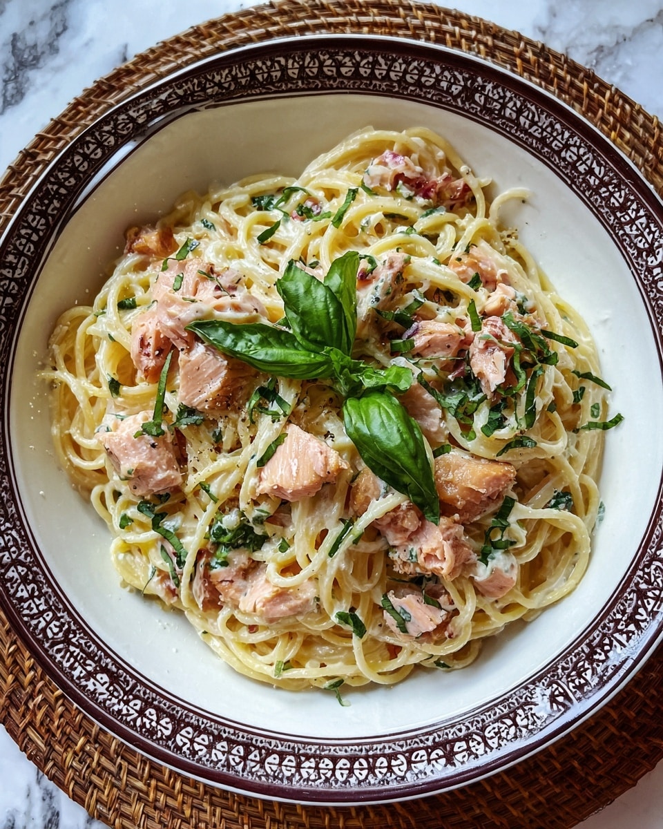 The image shows a close-up of a white bowl filled with spaghetti mixed with creamy sauce and large chunks of pink salmon scattered throughout the pasta. There are small green basil leaves placed on top, adding a fresh touch. The texture of the noodles is smooth and slightly glossy from the sauce, while the salmon looks tender and flaky. The bowl rests on a white marbled surface with a woven cloth underneath, visible along the edges. Photo taken with an iphone --ar 4:5 --v 7