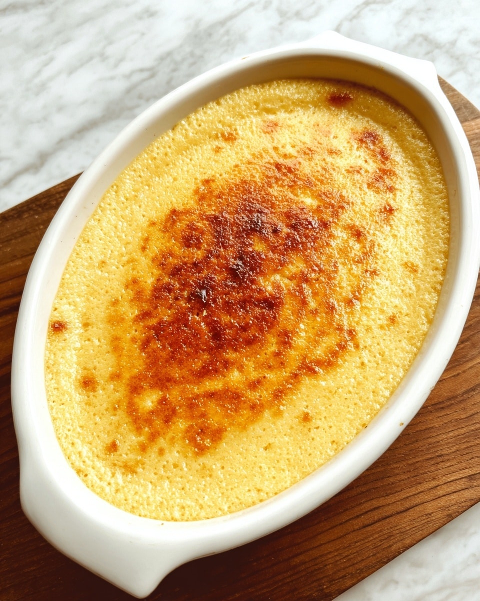 A white oval ceramic dish filled with a single-layer golden brown baked custard or pudding with a slightly cracked surface, showing a smooth texture and a gently deeper color in the center. The dish is placed on a white marbled surface. photo taken with an iphone --ar 4:5 --v 7