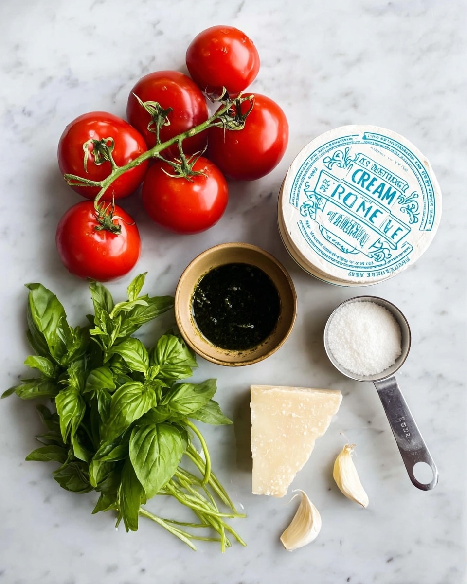 The image shows fresh ingredients arranged on a white marbled surface: four bright red tomatoes still on the green vine at the bottom left, a small wedge of light beige cheese with a hard texture at the bottom right, and three peeled garlic cloves just above the cheese. To the top right is a round container of crème fraiche with a white lid and blue decorative text, and next to it is a metal measuring spoon filled with white powder. Above the tomatoes, there is a fresh bunch of green basil leaves with visible veins, while on the left side, there are two small bowls with sauces - one black inside a tan bowl, and the other dark green inside a black bowl. Photo taken with an iphone --ar 4:5 --v 7