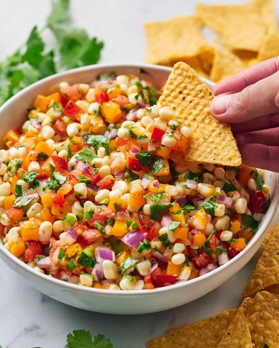 A white bowl filled with a colorful corn salsa made of white corn kernels, small bright orange bell pepper pieces, red tomato chunks, finely chopped purple onion, and green cilantro leaves mixed throughout. A woman's hand is holding a triangular corn chip dipped into the salsa, showing some of the corn and vegetables sticking to the chip. In the background on the white marbled surface, there are more triangular corn chips and a sprig of cilantro adding a fresh touch. Photo taken with an iphone --ar 4:5 --v 7