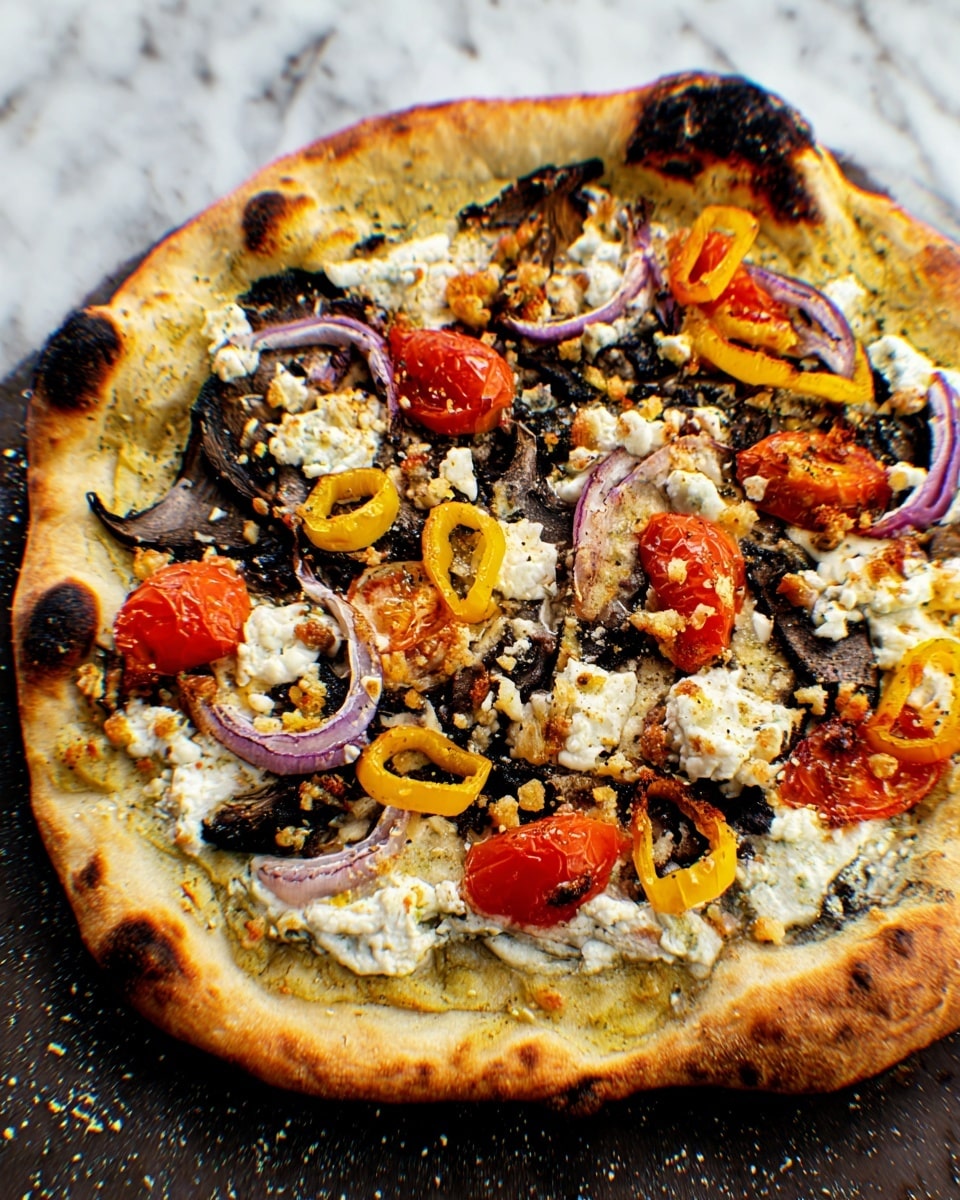 A round pizza with a thick, golden crust that has burnt spots around the edges sits on a dark baking surface. The pizza has a base layer of black sauce. On top, there is a layer of white creamy cheese spread unevenly. Scattered across are small yellow pepper rings, halved red cherry tomatoes, purple onion rings, and pieces of dark grilled mushrooms. Crumbled light beige cheese bits are sprinkled on top, adding texture. The background is a white marbled texture. photo taken with an iphone --ar 4:5 --v 7