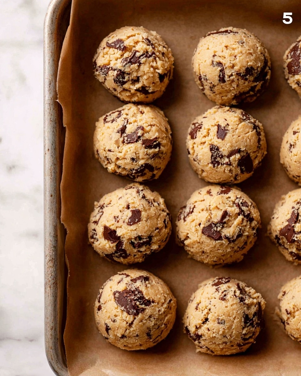 The image shows a close-up of nine round cookie dough balls placed in a baking tray lined with brown parchment paper. Each dough ball is light tan in color with dark chocolate chunks embedded throughout, giving a rough textured surface with visible bits of chocolate. They are arranged near each other but not touching, sitting on the flat surface of the parchment paper inside the tray. The tray corners and edges are visible, and the background is a white marbled texture. Photo taken with an iphone --ar 4:5 --v 7