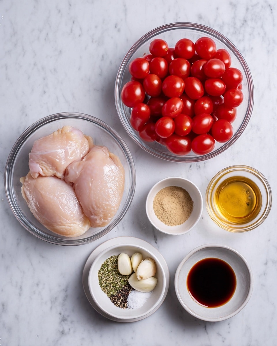 The image shows a white marbled surface with six clear glass bowls arranged neatly. The largest bowl on the left contains three raw chicken pieces, pale pink with smooth texture. To the right of it, a bowl full of bright red cherry tomatoes fills the middle space. Below the tomatoes, a small white bowl holds mixed spices: black pepper, salt, and green herbs, divided into separate sections. Above the spices is a small bowl with light brown mustard. To the right of the tomatoes, there is a small bowl with a light amber liquid, and below it, a small bowl with three peeled garlic cloves. Finally, near the spices, there is a tiny bowl filled with a dark soy sauce, smooth and glossy. The scene is clean and bright, with soft lighting. Photo taken with an iphone --ar 4:5 --v 7
