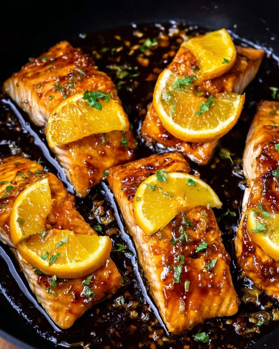 The image shows five golden brown salmon fillets with a shiny, sticky glaze on a black pan. Each fillet has a bright yellow-orange slice of citrus fruit placed on or near it. Small green herb pieces are sprinkled over the salmon and fruit, adding a fresh touch. The sauce in the pan is thick and glossy, pooling around the fillets and citrus slices, enhancing the rich look of the dish. photo taken with an iphone --ar 4:5 --v 7