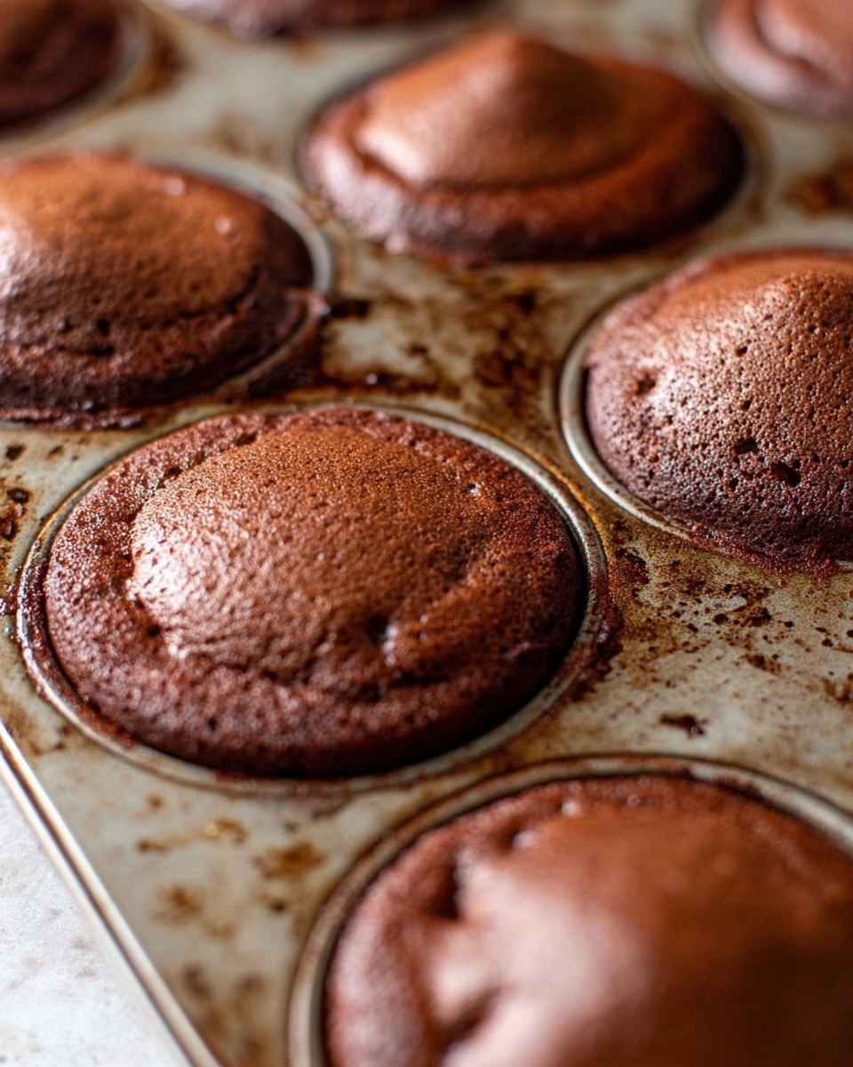 The image shows round chocolate cakes baked in a metal tray with six round molds. Each cake is a rich dark brown color, slightly cracked on top with a smooth, dense texture. The cakes’ tops have a matte finish with some shiny spots from melted chocolate or moisture. The metal tray is well-used with baked chocolate and oil stains around the edges of each cake mold. The background surface is a white marbled texture softly blurred, focusing attention on the warm, freshly baked cakes. Photo taken with an iphone --ar 4:5 --v 7