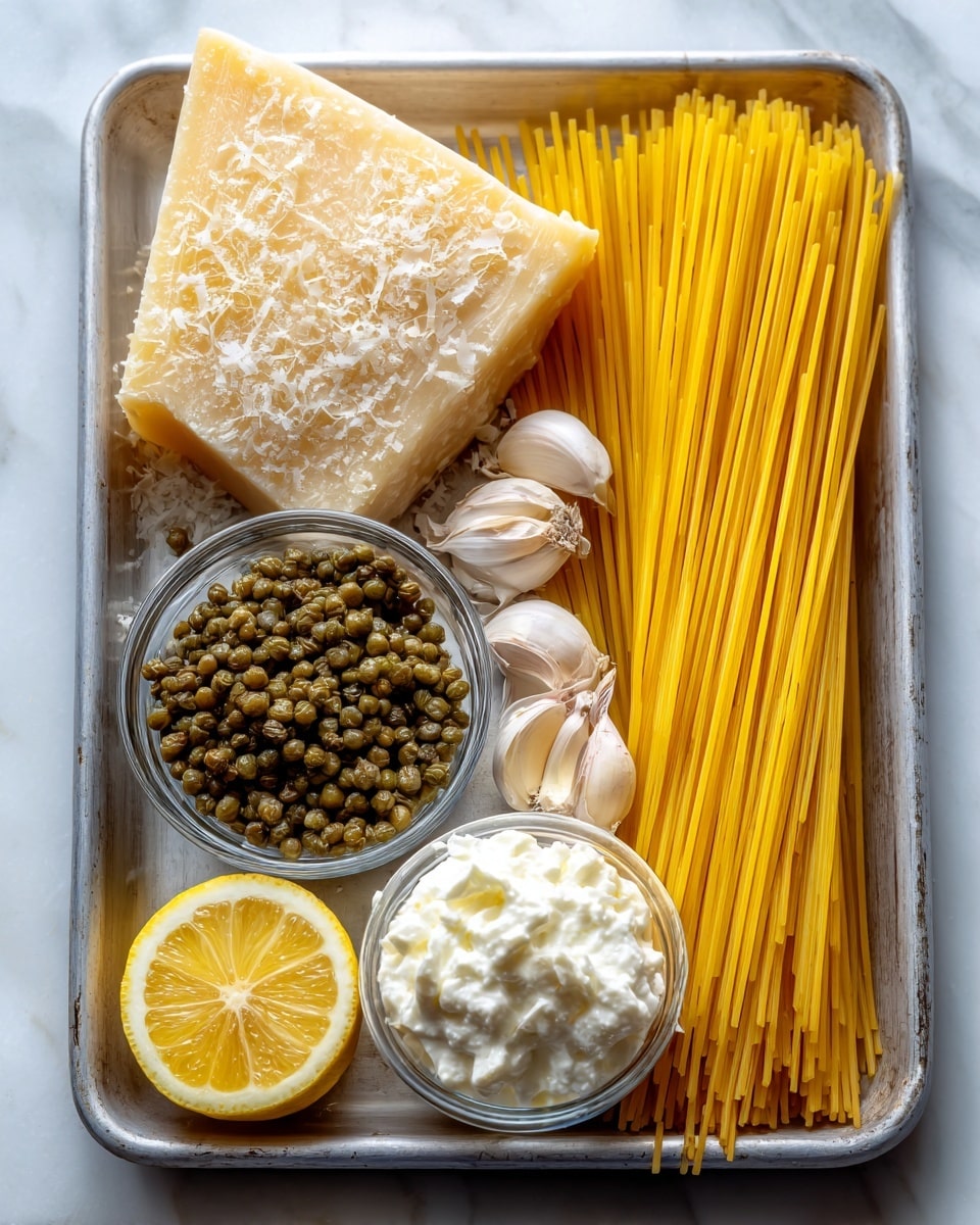 The image shows a gray metal tray on a white marbled surface. On the left side near the top, there is a large wedge of pale yellow parmesan cheese with a rough texture. To the right of the cheese, a bundle of long, thin, uncooked spaghetti sticks is neatly aligned, showing a rich golden yellow color. Below the cheese and spaghetti, near the center left, there is a small clear glass bowl filled with small green capers. To the left below the capers, a fresh lemon half with bright yellow skin and juicy pulp is placed cut side up. Next to the lemon on the right, there is a metal tablespoon filled with thick white heavy cream. In the bottom right corner, several white garlic cloves with their papery skins are grouped together. The photo taken with an iphone --ar 4:5 --v 7