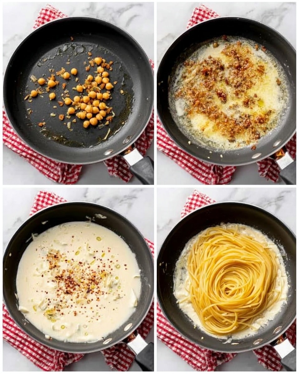 The image shows four stages of cooking pasta sauce in a black non-stick pan placed on a white marbled surface with a red and white checked cloth underneath. In the first image, small golden chickpeas are scattered on the shiny dark pan surface. The second image shows bits of light brown and yellow spices and garlic pieces frying in oil, spread unevenly across the pan. The third image displays a creamy white sauce with small brown spices floating on top, covering most of the pan bottom. In the fourth image, a swirl of cooked yellow spaghetti noodles sits on top of the creamy sauce and sprinkled spices. Photo taken with an iphone --ar 4:5 --v 7