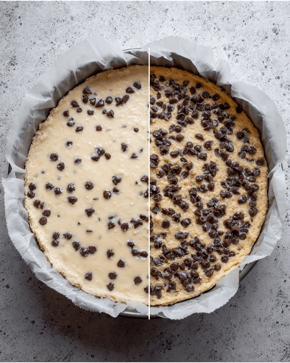 The image shows a round baking dish lined with parchment paper on a white marbled surface. The dish contains two stages of a dessert with chocolate chips. On the left side, the dish is filled with a smooth, pale batter with chocolate chips spread evenly underneath the surface. On the right side, the batter is baked and light golden with many chocolate chips scattered thickly on top, creating a textured look. The edges of the parchment paper are wrinkled and rise above the dish. photo taken with an iphone --ar 4:5 --v 7