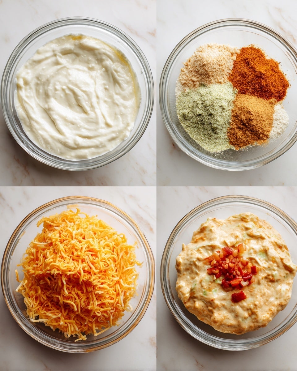 The image shows four clear glass bowls on a white marbled surface, each labeled with numbers 1 to 4 in black circles. In bowl 1, there is a thick white creamy base layer, smooth in texture. Bowl 2 has the same white base with two piles of powdered spices on top—one light brown and the other pale green—unmixed. Bowl 3 contains the base mixed with the spices, with bright orange shredded cheese and some small red diced pieces on top. In bowl 4, all ingredients are fully mixed into a creamy, slightly chunky dip with a light orange color. Photo taken with an iphone --ar 4:5 --v 7