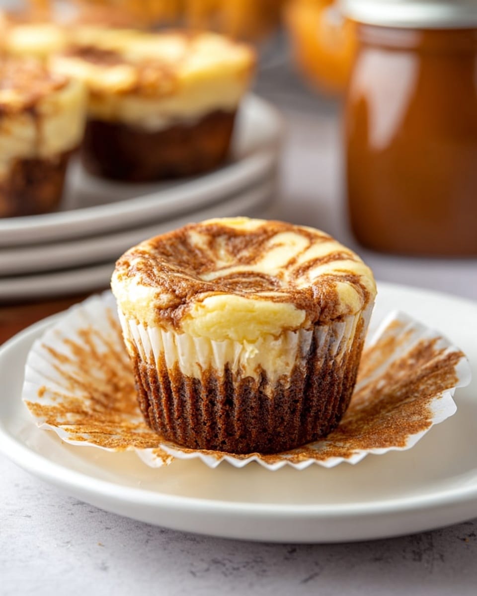 A single mini cheesecake muffin is shown with its white and light brown paper liner peeled halfway down, exposing the bottom dark brown cake layer and a creamy, yellowish cheesecake layer on top. The cheesecake has light brown swirls on the surface, giving it a marbled look. The muffin sits on a white plate with a white marbled texture background. In the blurred background, there are two more cheesecake muffins and a brown jar with a lid. Photo taken with an iphone --ar 4:5 --v 7