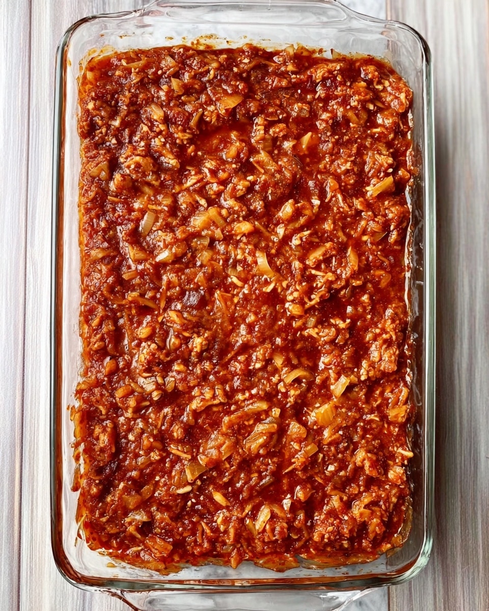 A clear glass rectangular baking dish filled with a thick layer of chunky, reddish-brown sauce mixed with small pieces of a light-colored shredded ingredient, spread evenly across the dish’s surface. The texture looks moist with visible bits of cooked onions or similar vegetables. The dish is placed on a white marbled surface with wood grain around it. Photo taken with an iphone --ar 4:5 --v 7