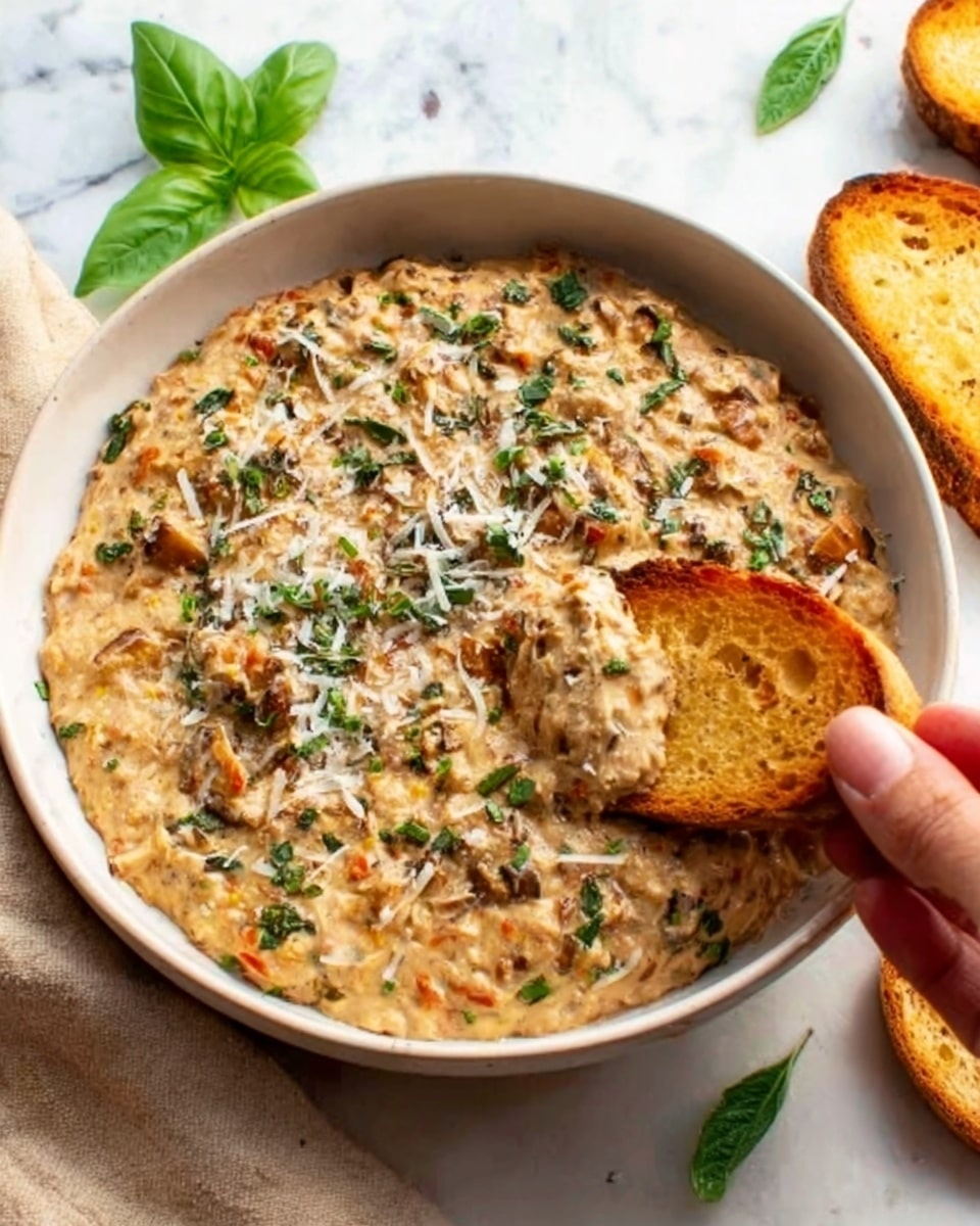 A white bowl filled with a creamy dish that has a mix of brown and light orange colors with green bits of herbs on top. Some white shavings are sprinkled over the dish, adding texture. Two pieces of toasted bread, light golden brown with a crispy look, are held by a woman's hand dipping into the food. The bowl is placed on a white marbled surface with some green leaves and a folded beige cloth nearby. photo taken with an iphone --ar 4:5 --v 7