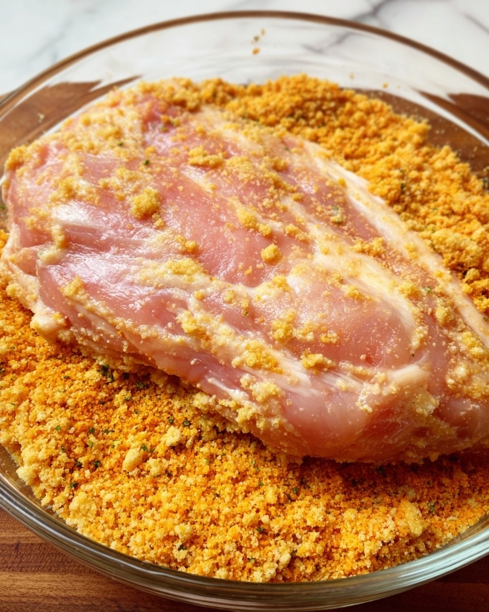 The image shows a large, pale pink piece of raw meat covered smoothly in a wet batter or mixture, lying flat on a layer of bright orange crushed crumbs in a clear round dish. The crumbs are evenly spread across the base of the dish, creating a textured bed beneath the soft, thick layer of marinated meat. The surface underneath the dish has a white marbled texture. photo taken with an iphone --ar 4:5 --v 7