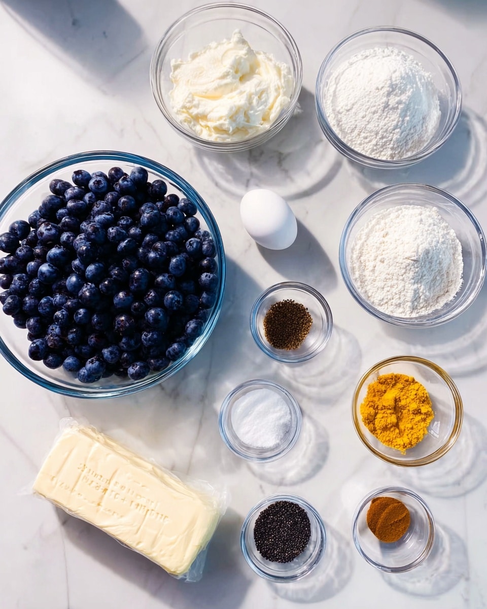 The image shows an arrangement of clear glass bowls and a stick of butter on a white marbled surface. The largest bowl is filled with fresh, dark blue blueberries on the left. Next to it are smaller bowls containing white ingredients like sugar, flour, and a thick cream-like substance. Other small bowls hold a single white egg, a pinch of salt, cinnamon powder, black seeds, and a small amount of bright yellow zest. The butter is pale yellow and wrapped in paper with black text. Everything is neatly spaced, with soft natural light casting gentle shadows. photo taken with an iphone --ar 4:5 --v 7