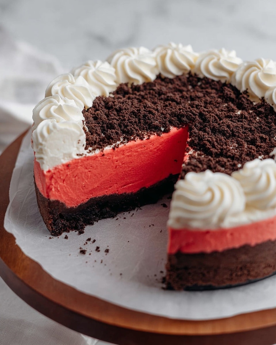 The dessert is a round pie with three visible layers. The bottom layer is dark brown and crumbly, resembling crushed cookies pressed into a crust. The middle layer is thick, smooth, and bright red, looking like a firm mousse or filling. The top layer is covered with a dark brown crumbly topping, similar to the crust. Around the edge of the pie, there is a decorative ring of white whipped cream swirls. The pie is placed on white parchment paper on a wooden stand, with a white marbled surface in the background. A slice has been removed, showing the clean layers inside. photo taken with an iphone --ar 4:5 --v 7
