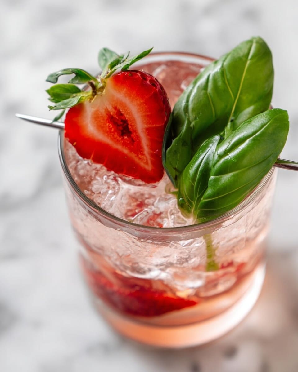 A clear glass filled halfway with ice cubes and a light pink liquid, topped with a metal skewer holding a bright red strawberry slice and two fresh green basil leaves. The glass is placed on a white marbled surface. Photo taken with an iphone --ar 4:5 --v 7
