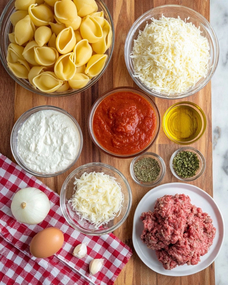 A top view shows different ingredients arranged on a wooden surface with a red and white checkered cloth. There are large yellow pasta shells in a glass bowl at the top left. To the right of the shells is a glass bowl full of shredded white cheese. Below the cheese is a bowl of smooth white ricotta cheese. Next to the ricotta is a small glass bowl filled with golden olive oil. Toward the bottom right is a white plate with pink ground meat. Below the pasta shells is a large bowl of red tomato sauce. To its right is a small glass bowl of grated Parmesan cheese. Below the Parmesan is another small glass bowl with green dried herbs. At the bottom left is a glass bowl of chopped white onions. An egg and two garlic cloves lie on the cloth near the cheese and meat. All items are on a white marbled surface photo taken with an iphone --ar 4:5 --v 7