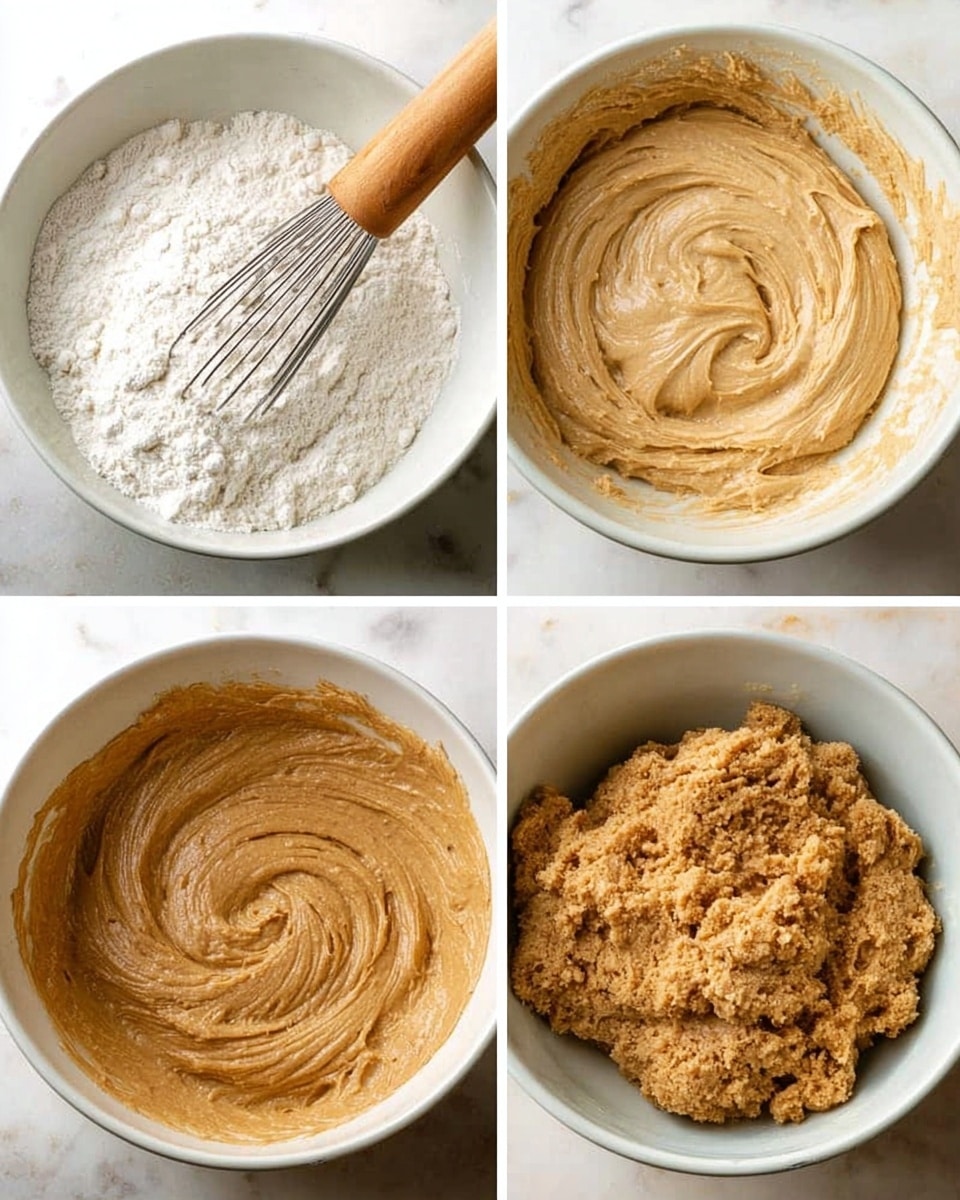 The image shows four white bowls each containing a different stage of mixing for a light brown dough. The first bowl at the top left holds white flour with a wooden whisk resting inside. The second bowl at the top right has a smooth, creamy light brown mixture with swirls visible on the surface. The third bowl at the bottom left displays a thicker, more blended light brown batter with a slightly shiny texture and a swirl pattern. The fourth bowl at the bottom right contains a clumpy, dough-like mixture in light brown with a crumbly texture. All bowls sit on a white marbled surface. Photo taken with an iphone --ar 4:5 --v 7