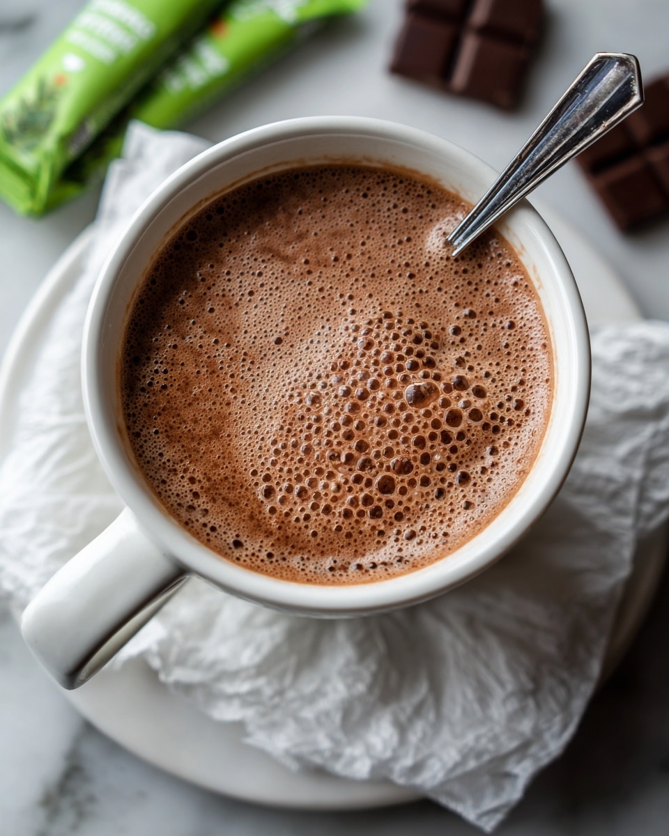A close-up view of a white cup filled with frothy hot chocolate topped with a light dusting of cocoa powder, showing a soft bubbly texture on top. Behind the cup, there are two golden-brown chocolate chip cookies placed on a white cloth, and to the top right, there are two dark chocolate pieces resting on a white marbled textured surface. The cup has a green handle slightly speckled with cocoa powder. Photo taken with an iphone --ar 4:5 --v 7