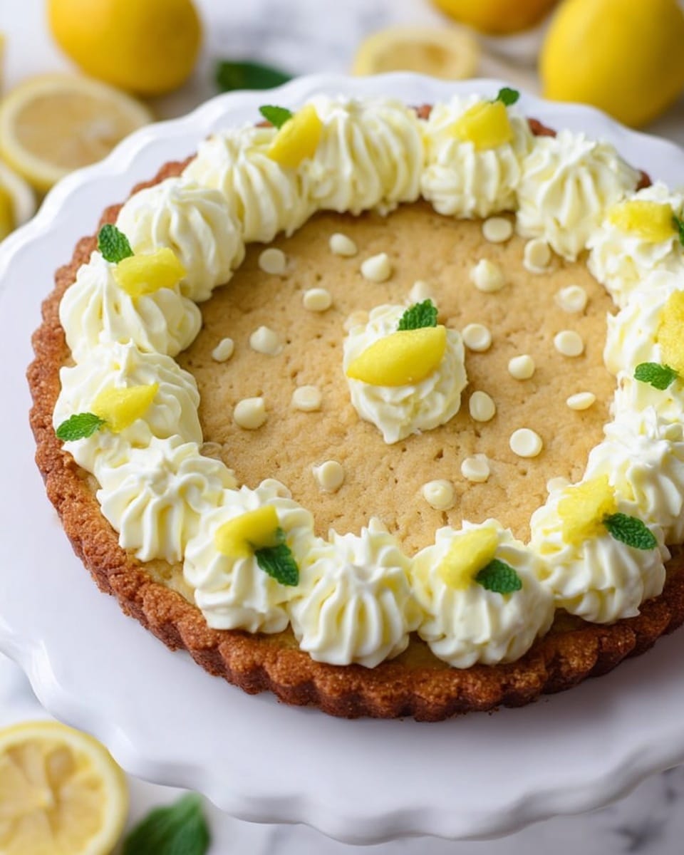 A round lemon cookie tart on a white scalloped plate sits on a white marbled surface. The tart has one visible layer of light golden-brown cookie topped with small white chocolate chips scattered evenly on top. Around the edge of the tart is a thick ring of white cream swirls, each swirl decorated with a small yellow lemon slice. Small green mint leaves are placed between some of the cream swirls adding a touch of color. The background includes lemon slices and a woman's hand holding a lemon in the corner. Photo taken with an iphone --ar 4:5 --v 7