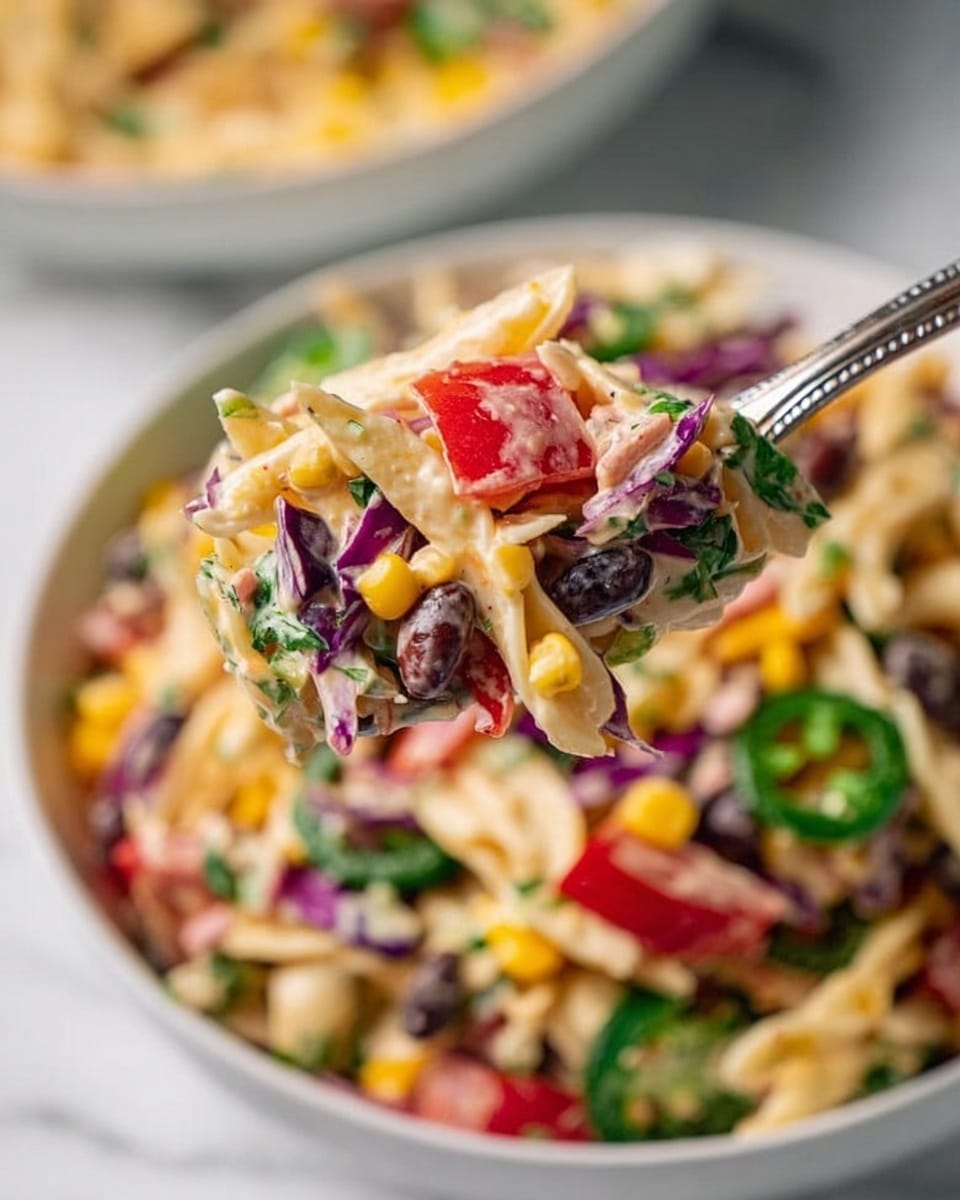 The image shows a close-up of a fork lifted above a white bowl filled with colorful salad pieces. The salad has many layers, including bright red bell pepper chunks, black beans, yellow corn kernels, shredded purple cabbage, thinly sliced green jalapeño rings, and creamy pasta salad with a light dressing coating the ingredients. The background is softly blurred and the bowl rests on a white marbled surface. Photo taken with an iphone --ar 4:5 --v 7