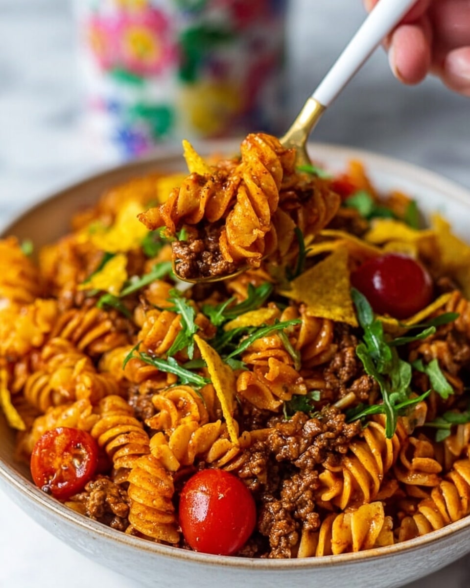 A close-up view of a white bowl filled with three layers of food. The bottom layer shows orange spiral pasta mixed with ground meat, slightly oily. The middle layer has halved cherry tomatoes scattered inside the pasta, showing red and juicy textures. The top layer includes green herbs sprinkled on top and strips of yellow tortilla chips mixed with the pasta. A woman's hand with a white spoon is lifting some pasta from the bowl. The background has a white marbled texture with a colorful floral cup behind the bowl. Photo taken with an iphone --ar 4:5 --v 7