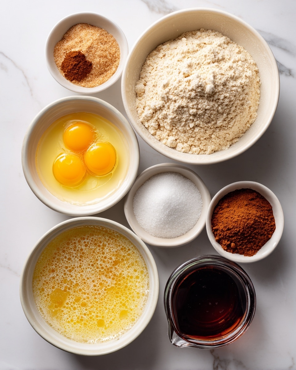 The image shows six white bowls and a small glass jug arranged on a white marbled surface. At the top right is a large bowl filled mostly with pale beige flour with a small section of cinnamon brown spice in one corner. Below it, a medium bowl contains a light golden melted butter with a foamy texture on top. To the left, a small bowl holds two bright yellow egg yolks resting in clear egg whites. Next to the butter bowl, a medium bowl contains two sugars: light brown sugar on the left and white granulated sugar on the right, both having a slightly grainy texture. At the bottom right is a small white bowl filled with dark amber vanilla extract. Beside it is a clear glass jug holding a dark amber liquid labeled as reduced apple cider. The arrangement is neat and evenly spaced. Photo taken with an iphone --ar 4:5 --v 7