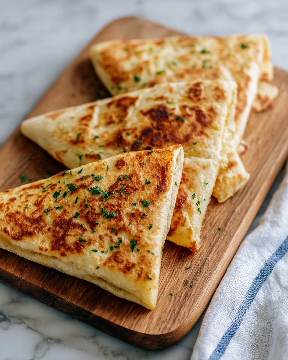 The image shows three triangular pieces of a folded, golden-brown flatbread on a wooden cutting board. The flatbread has a slightly crispy surface with some darker browned spots and is sprinkled with small green herb leaves. Each piece is thick with a soft-looking texture inside, and the edges are neatly folded and slightly crimped. The cutting board is placed on a white marbled surface, and a glimpse of a white and blue cloth is visible on the bottom right. Photo taken with an iphone --ar 4:5 --v 7