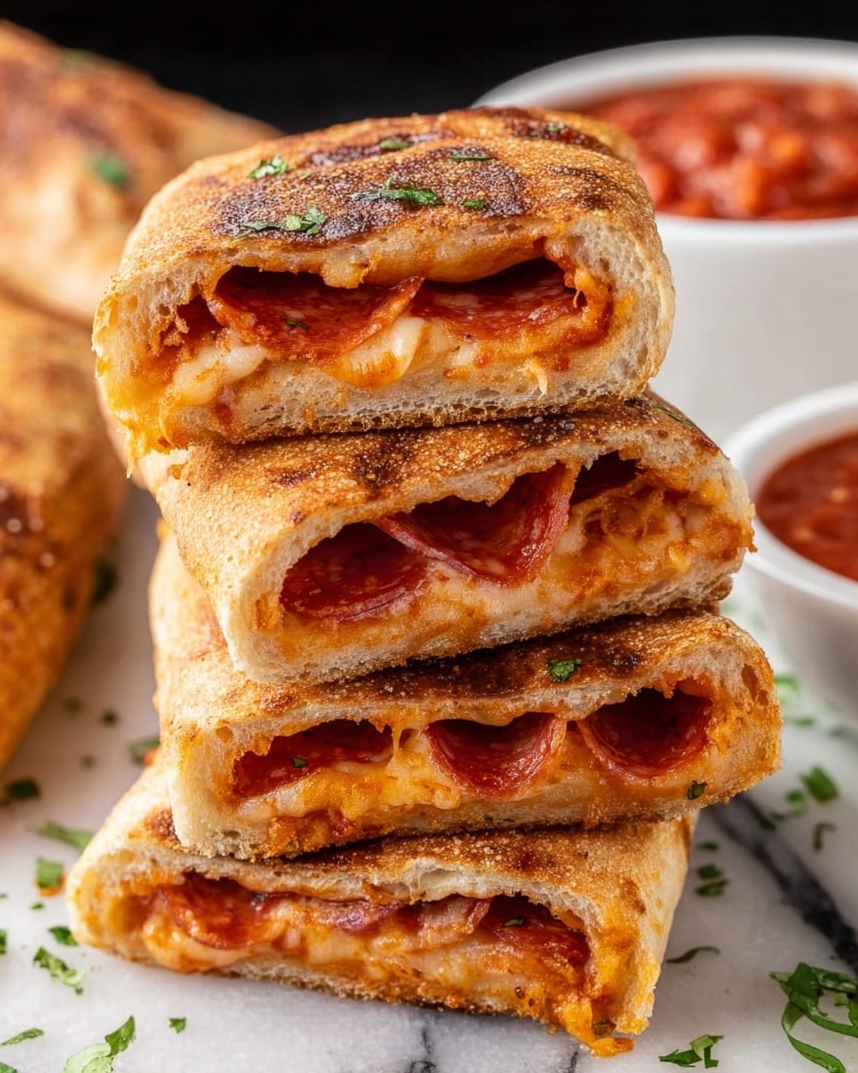 A stack of four folded pizza sandwiches is shown, each with two layers of slightly browned, crispy dough on the top and bottom. Inside the sandwiches, there are two visible layers of melted orange cheese and thin, curved slices of reddish pepperoni, slightly glistening. The texture of the dough is airy with small holes, while the outer crust is crisp and spotty with light char marks. There is a white bowl filled with red tomato sauce blurred in the background, set on a white marbled surface, with some green herbs sprinkled around the sandwiches. Photo taken with an iphone --ar 4:5 --v 7