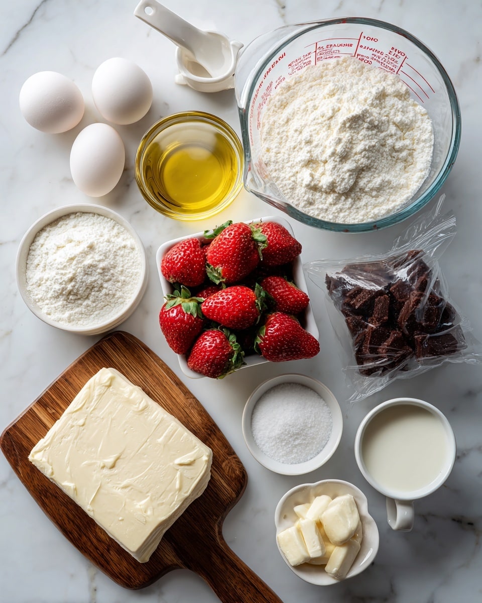 The image shows several ingredients arranged neatly on a white marbled surface for making a dessert. In the top left corner, there are two eggs next to a white measuring spoon. Below that, there is a transparent glass measuring cup filled with oil, and to its right is a clear plastic bag labeled fudge brownie mix, placed flat. Near the center, a small white container holds fresh whole strawberries. On the bottom left side, a block of cream cheese rests on a wooden board. Next to it is a small white bowl filled with powdered sugar, followed by a small white cup with milk. At the bottom right, two small white bowls contain white and dark candied melts. The scene is clean, bright, and organized. Photo taken with an iphone --ar 4:5 --v 7