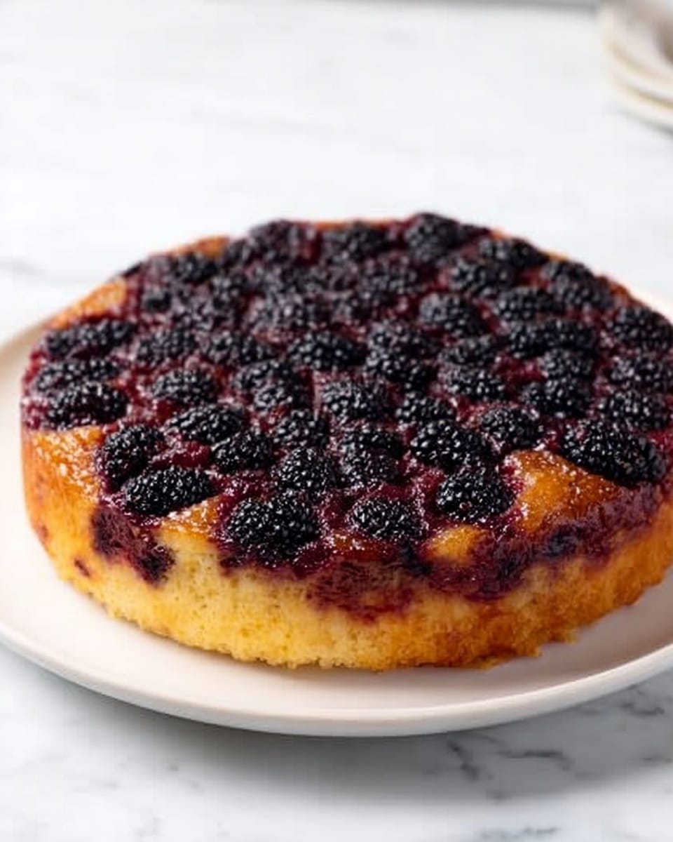 The image shows a round upside-down cake on a white plate placed on a white marbled surface. The cake has two main layers: the bottom layer is light golden brown and smooth, forming the base, while the top layer consists of dark purple-black blackberries that create a textured, slightly shiny and caramelized surface. The blackberries are spread evenly, forming a dense pattern that blends softly with the golden base around the edges. Photo taken with an iphone --ar 4:5 --v 7