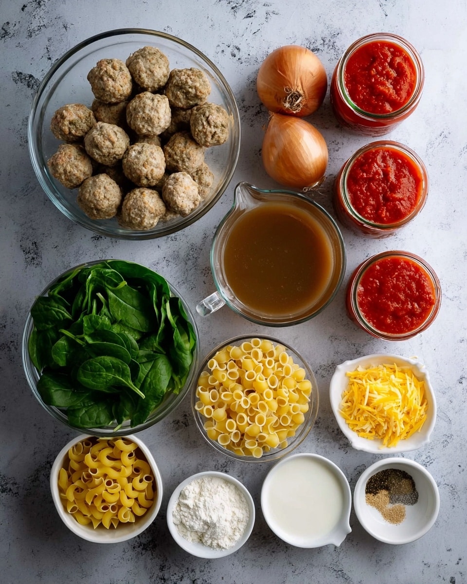 The image shows various ingredients for a recipe set on a white marbled surface. There is a clear glass bowl filled with round meatballs that have a light brown color and a rough texture in the top left. To the right, there are two glass jars filled with red tomato sauce, one larger and one smaller, and a small jar of tomato paste beside them. Next to these jars is a clear measuring cup filled with brown broth. Below the broth is a container with fresh dark green spinach leaves. In the middle bottom, there is a glass bowl with small yellow pasta pieces. To the left of the pasta is a clear glass measuring cup filled with white heavy cream, and below that is a brown onion. To the right of the onion is a small white bowl with white cornstarch. Above the pasta on the right is a small white dish with finely chopped garlic. Next to the garlic is a white bowl filled with yellow shredded cheese. Above the cheese is a small white bowl holding four spices: black pepper, crushed black pepper, dried basil, and red paprika. photo taken with an iphone --ar 4:5 --v 7