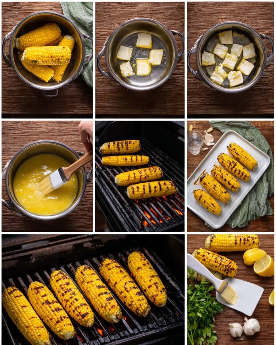 A series of nine images shows the steps to prepare grilled corn. The first layer features six yellow corn cobs in a silver pot on a brown wooden surface with a white marbled texture background. The second and third layers show square pieces of white butter with some corn kernels in a silver pot, first on the wooden surface, then on a grill with flames beneath. The fourth layer is a pot of melted yellow butter with a white spatula on the wooden surface. In the fifth layer, a woman's hand using a white brush adds melted butter to ten corn cobs lined up on a white tray on the wooden surface. The sixth and seventh layers show corn cobs being grilled on black grill grates, with a white silicone brush applying melted butter in one of the images. The eighth layer highlights the corn with some char marks on the grill. The final layer shows the toasted corn arranged on a bed of green parsley on a brown wooden surface next to garlic bulbs and lemon wedges, with a green and white cloth nearby. Photo taken with an iphone --ar 4:5 --v 7