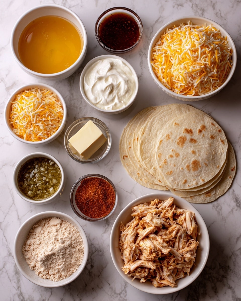 The image shows ingredients arranged neatly on a white marbled surface, ready for a recipe. There is a pile of white tortillas on the right side. Near the bottom right, a white bowl holds shredded chicken mixed with light orange seasoning. To the left, a smaller bowl contains sour cream, while a small square of butter sits nearby. Above the chicken, a small bowl holds whipped cream cheese, and next to it, a bowl of yellow chicken broth. Moving left, there is a small bowl of salsa verde with a green color, next to a small container of dark chipotle in adobo sauce. Above that, a medium bowl filled with shredded yellow cheese is placed. There are chopped white onions, a small pile of light brown flour, and a small container of reddish brown seasonings spread around. The items are clearly separated and labeled. photo taken with an iphone --ar 4:5 --v 7