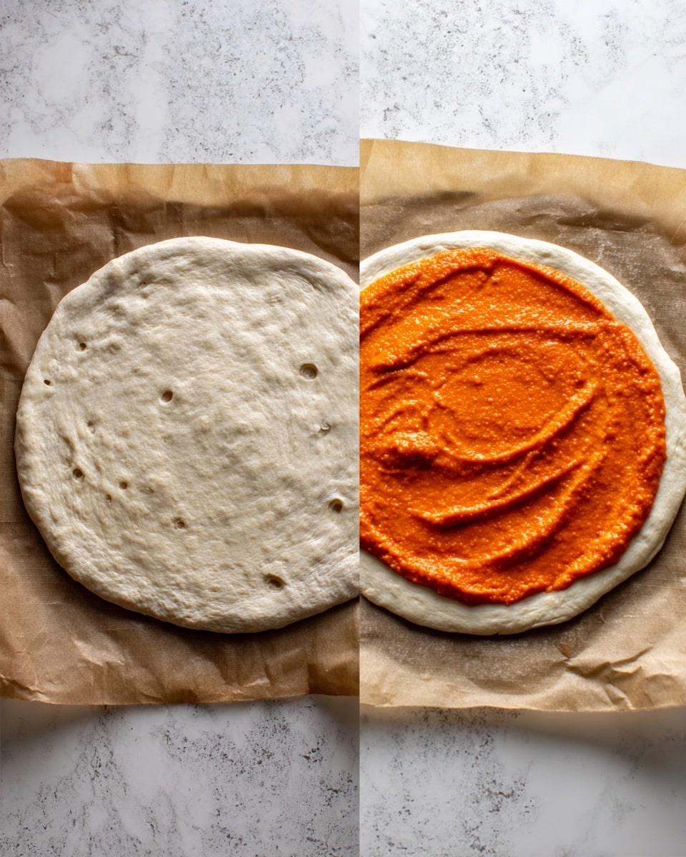 The image shows two stages of making a pizza on a white marbled surface. On the left, there is a round, flat pizza dough with a light beige color and some small dimples on its surface, placed on brown parchment paper. On the right, the same round dough is now covered with a smooth, bright orange layer of sauce that is spread evenly, leaving a small border of plain dough around the edge. The texture of the sauce looks creamy with soft swirls. Photo taken with an iphone --ar 4:5 --v 7