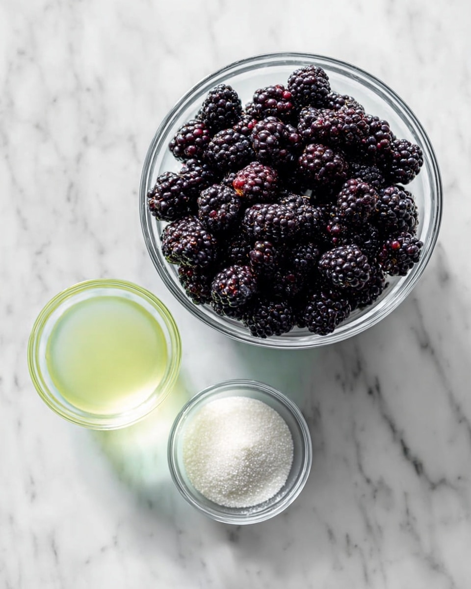 A clear glass bowl filled with many dark purple-black blackberries, showing their bumpy texture and some red hues shining through. Below and to the left of this bowl is a smaller clear glass bowl with a pale light green liquid inside. Below and to the right of the blackberry bowl is another clear glass bowl filled with fine white sugar. All bowls rest on a white marbled surface with soft light reflections. Photo taken with an iphone --ar 4:5 --v 7