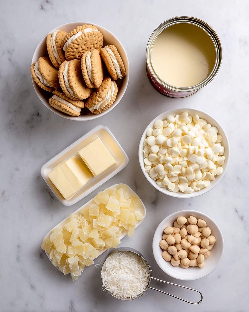 The image shows seven separate white dishes each holding a different ingredient arranged on a white marbled surface. There is a large white bowl filled with golden sandwich cookies with creamy filling placed at the top left. To the right of it, an open silver can holds light yellow condensed milk with the liquid surface visible. A small white round bowl below the can contains three light yellow pats of butter. Next to it on the right is a large white bowl filled with many small white chocolate chips. Below on the left, a square white dish is filled with translucent pale yellow chunks of dried pineapple. In front of it is a metal measuring cup containing shredded white coconut. Finally, a small white bowl at the bottom right has a handful of round beige nuts. All ingredients have clear textures and natural colors. Photo taken with an iphone --ar 4:5 --v 7