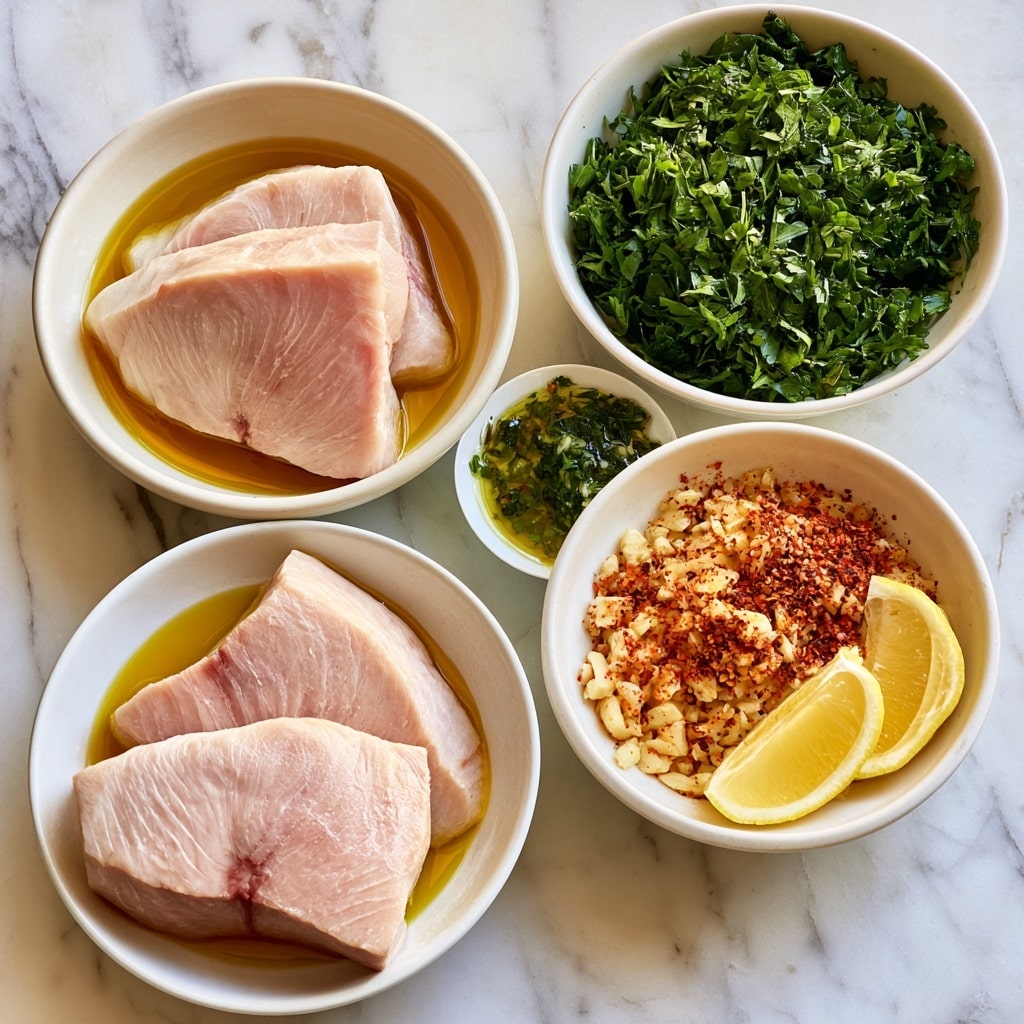 The image shows a white plate with three main parts. On the left is a thick piece of fish topped with a green and slightly chunky herb sauce that has tiny red bits mixed in, giving it a textured look. In the center, there is a mound of fluffy white rice sprinkled with small green herbs on top. On the right side, there is a pile of dark green cooked spinach with a slight shine, indicating moisture. A cut lemon half is placed near the top edge of the plate, and some fresh parsley leaves are scattered around. The plate rests on a white marbled surface with a blue cloth partially visible at the top left. photo taken with an iphone --ar 4:5 --v 7