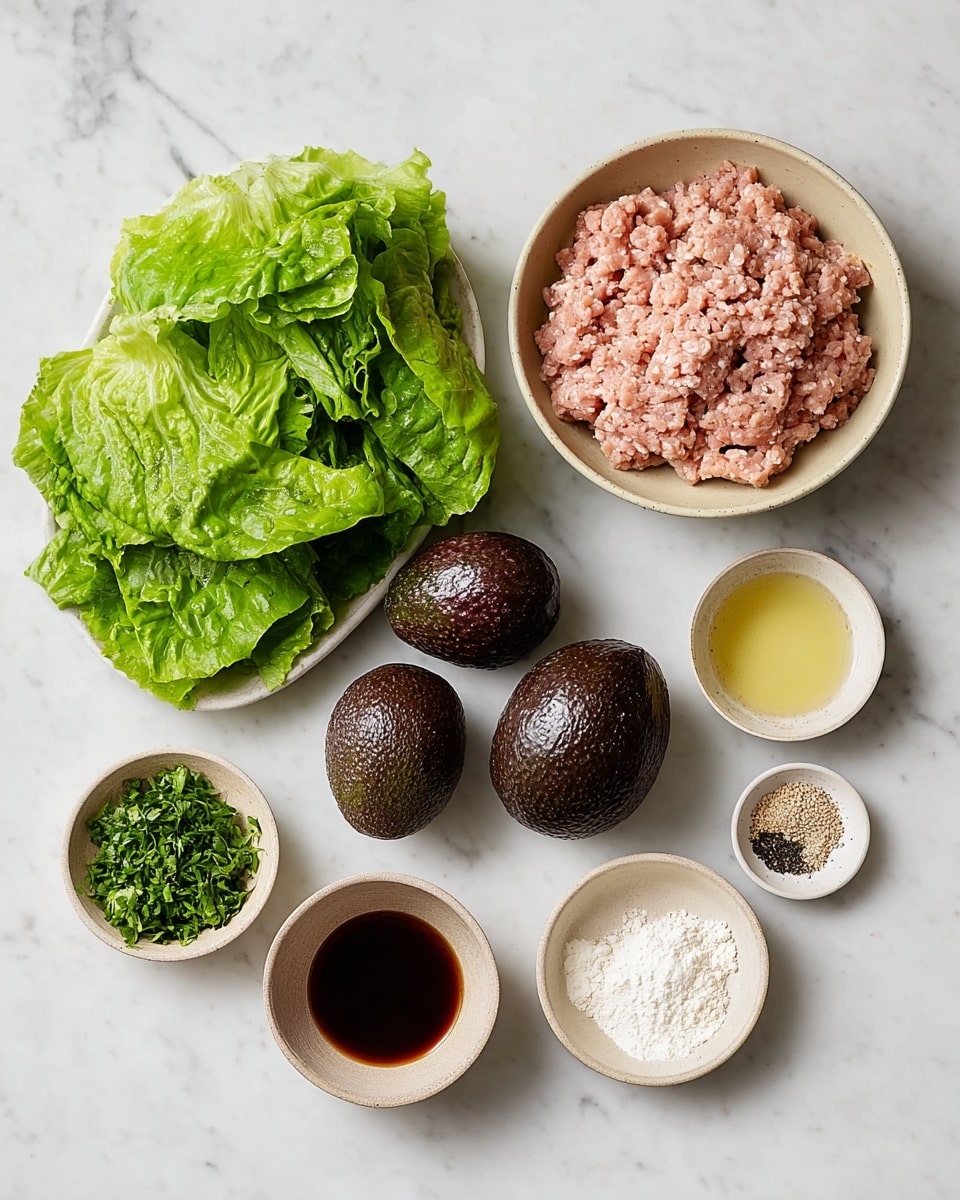 The image shows several food ingredients on a white marbled surface. At the top center, there is a beige bowl filled with raw ground pale pink meat. To the left of the bowl, there is a large bunch of bright green leafy lettuce with a slightly crinkled texture. Below the lettuce, three dark brown avocados with rough skins are arranged diagonally. Below the meat bowl, there is a small beige bowl of finely chopped green herbs. To the right of the herbs, a small white plate with a mix of white salt, black pepper, and beige powder is visible. Lower down the image, there are three small beige bowls containing a thick dark brown liquid, a pale yellowish clear liquid, and white flour, arranged in a loose line. The colors and textures contrast with the smooth white marbled background. Photo taken with an iphone --ar 4:5 --v 7