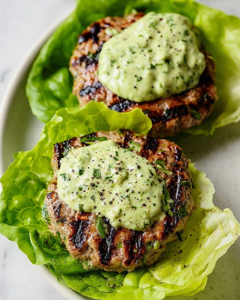 Two grilled patties with visible grill marks and bits of green herbs sit on bright green lettuce leaves, both topped with a thick layer of creamy light green sauce sprinkled with black pepper. The dish is presented on a white plate with a white marbled surface, a close-up shot capturing the textures and colors clearly. photo taken with an iphone --ar 4:5 --v 7