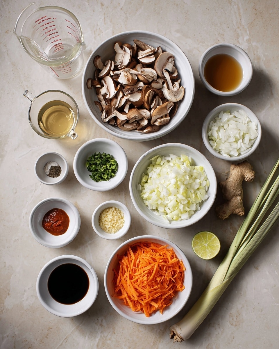 The image shows various small white bowls and a glass measuring cup arranged on a white marbled surface, each holding different cooking ingredients. In the middle is a bowl filled with thinly sliced brown mushrooms, next to it a bowl of chopped white onions. Below, a white bowl holds thin orange carrot strips. Around these are smaller bowls with finely minced garlic, ginger, chopped herbs, dark sauce, salt and pepper, lime wedges, another clear liquid, and a reddish paste. A stalk of lemongrass lies diagonally near the bottom right. The arrangement is neat and evenly spaced. Photo taken with an iphone --ar 4:5 --v 7