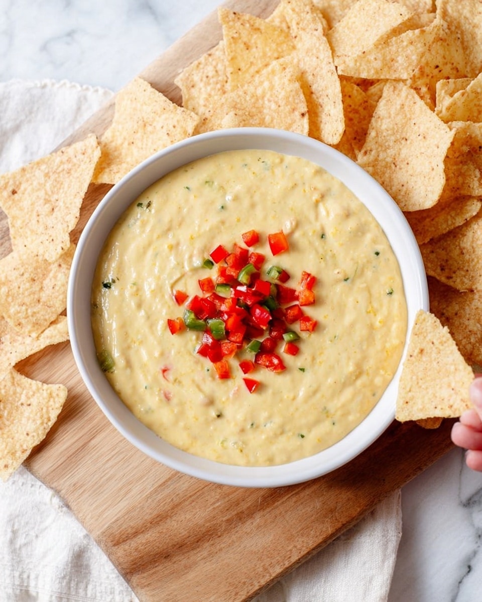 The image shows a white bowl filled with smooth, pale yellow dip topped with small pieces of chopped red and green peppers placed slightly off center. The bowl rests on a wooden board that also holds a pile of light beige tortilla chips on the left. One chip is held near the top right edge of the board by a woman's hand. The background is a white marbled surface with a light-colored cloth partially visible under the board. photo taken with an iphone --ar 4:5 --v 7