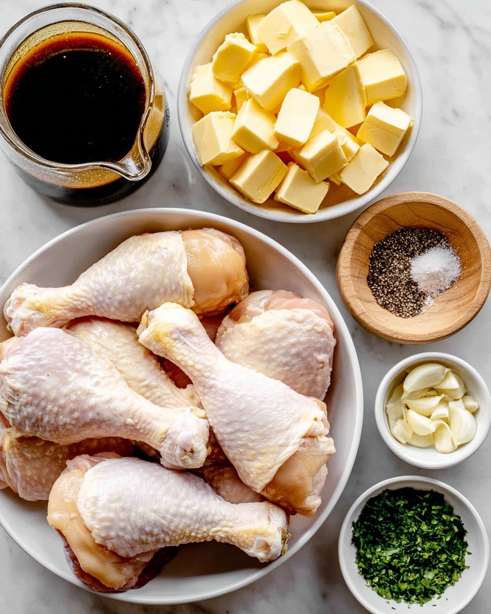 A white bowl filled with several raw chicken drumsticks shows a pale pink color with smooth skin and some yellow near the ends. Above it, a white bowl contains many small yellow butter cubes. To the right, a small wooden bowl holds coarse salt and cracked black pepper. On the left side, a glass jug with dark soy sauce sits next to a small white bowl with a brown, thick sauce. Below, two small white bowls hold chopped fresh herbs and finely minced garlic. All items are arranged on a white marbled surface. Photo taken with an iphone --ar 4:5 --v 7
