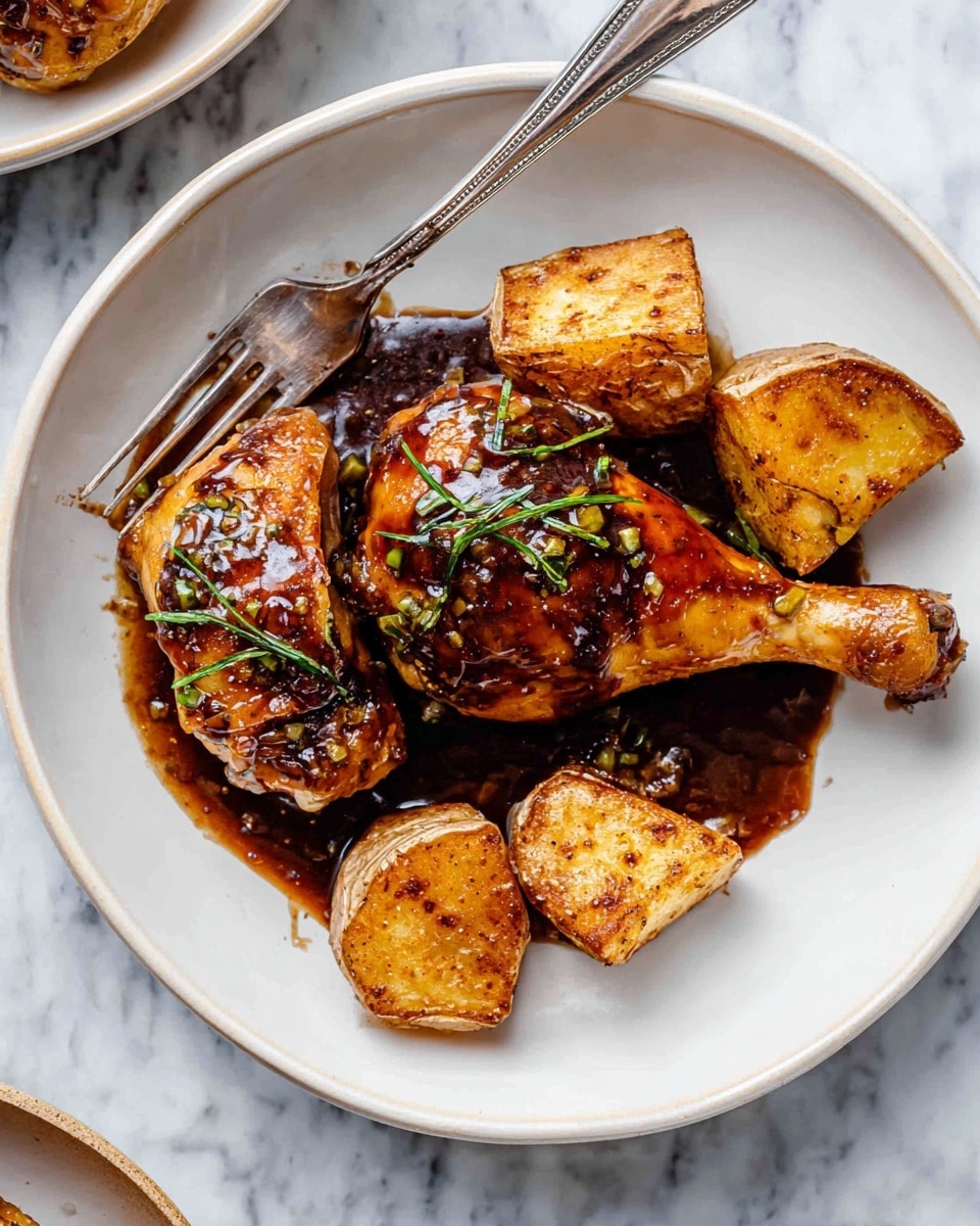 A white round plate sits on a white marbled surface, holding two dark brown glazed chicken pieces, one drumstick and one thigh, both covered in shiny sauce with green herb sprigs on top. Around the chicken are seven golden-brown roasted potato chunks with a slightly crispy texture. A silver fork rests diagonally on the upper left side of the plate, pointing toward the chicken. Photo taken with an iphone --ar 4:5 --v 7